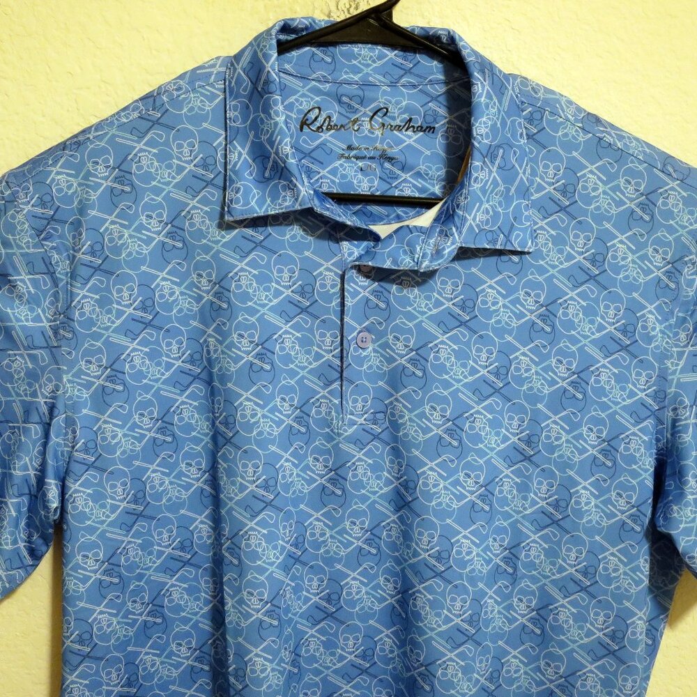 Robert Graham Shirt Mens Large Short Sleeve Golf Performance Polo Blue Skulls